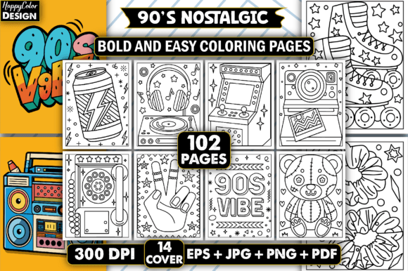Download 90's Nostalgic Bold &amp; Easy Coloring Book - Old Collection