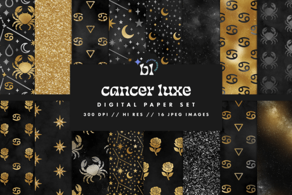 Download Black &amp; Gold Cancer Zodiac Digital Paper - Old Collection