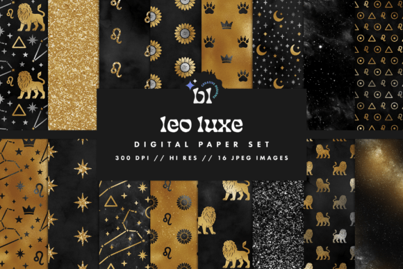 Download Black &amp; Gold Leo Zodiac Digital Paper - Old Collection