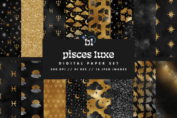 Download Black &amp; Gold Pisces Zodiac Digital Paper - Old Collection