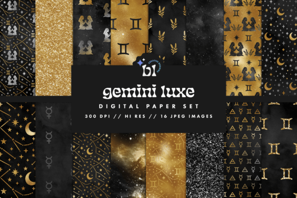 Download Black &amp; Gold Gemini Zodiac Digital Paper - Old Collection