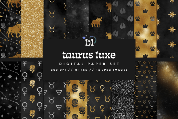 Download Black &amp; Gold Taurus Zodiac Digital Paper - Old Collection