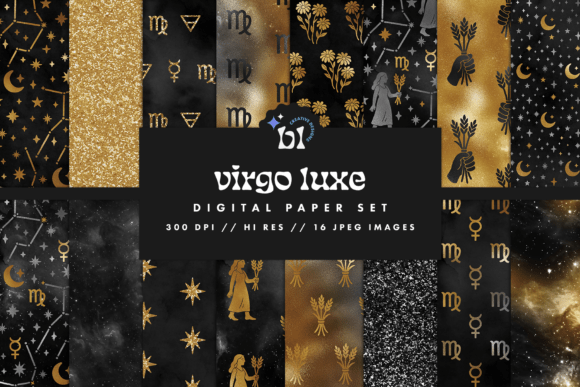 Download Black &amp; Gold Virgo Zodiac Digital Paper - Old Collection