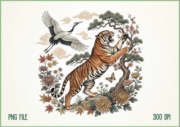 Download Vintage Japanese Tiger Crane Floral PNG - Premium Resources
