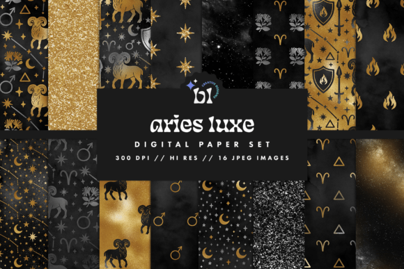 Download Black &amp; Gold Aries Zodiac Digital Paper - Old Collection