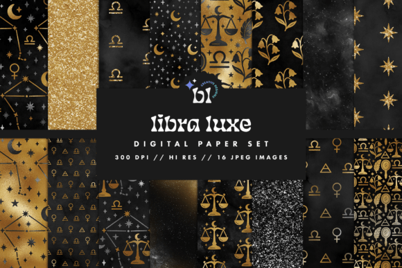 Download Black &amp; Gold Libra Zodiac Digital Paper - Old Collection